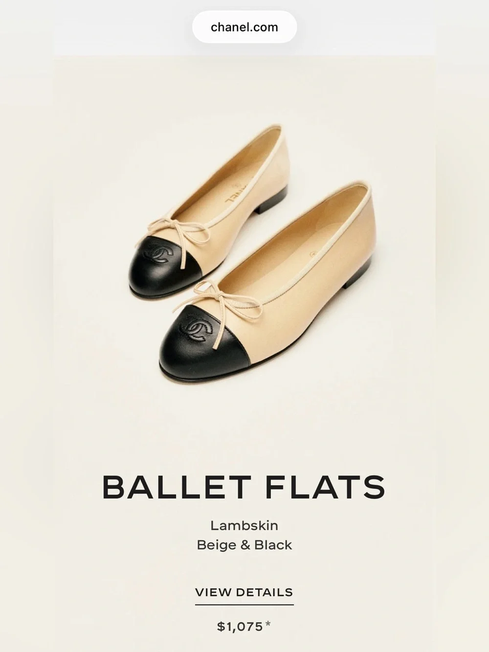 CHANEL Beige and Black Cap-Toe Leather Ballet Flats